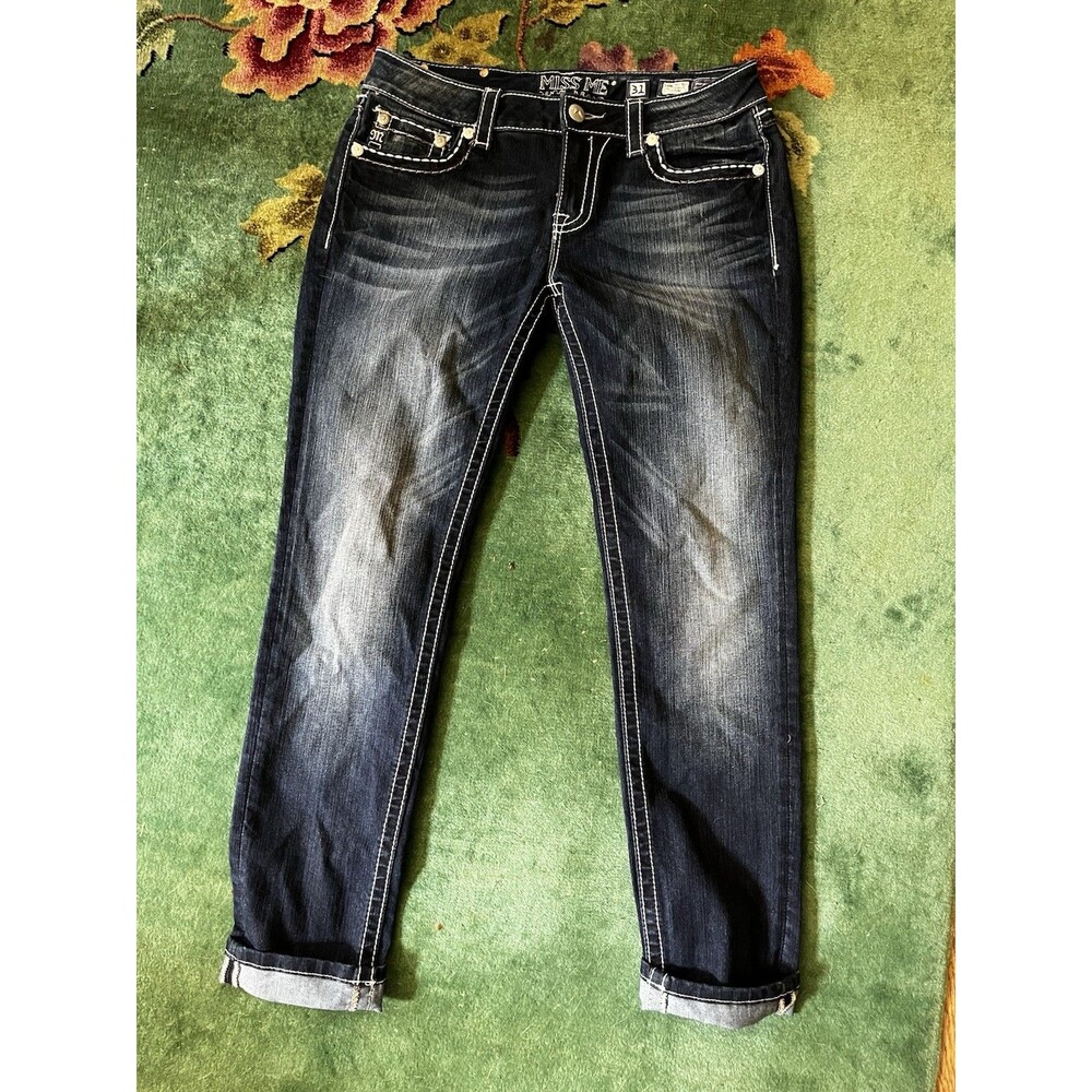 Miss Me Signature Rise Skinny Embellished Dark Denim Jeans Size 31 Heavy Stitch